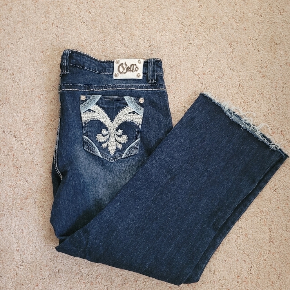 Cello Embroidered Pocket Bootcut Raw Hem Jeans Dark Wash
